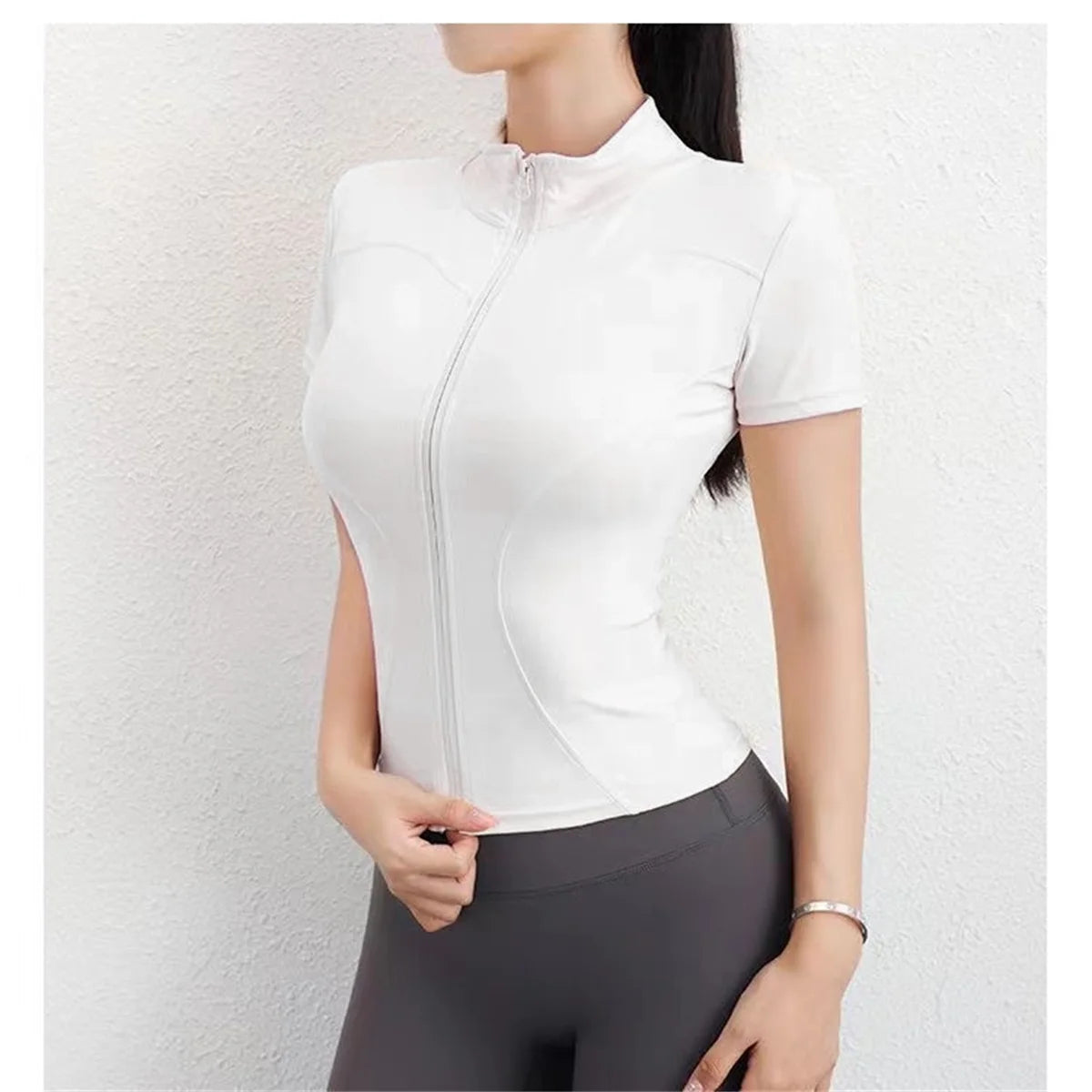 Summer Full Zipper Short Sleeves Slim Yoga Top with Stand Collar - Rehmiar