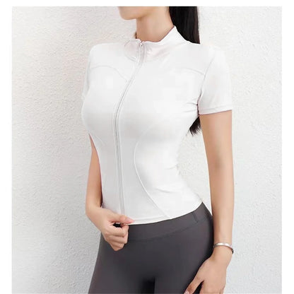 Summer Full Zipper Short Sleeves Slim Yoga Top with Stand Collar - Rehmiar