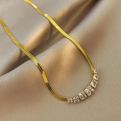 DIEYURO Stainless Steel Crystal Zircon Necklace – Green & White Luxury Snake Flat Chain for Women, Wedding Gift Rehmiar