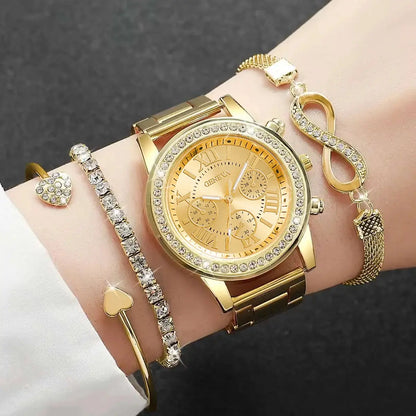 4PCS Set Rhinestone Luxury Steel Band Ladies Quartz Women Watches with Bracelets Set - Rehmiar