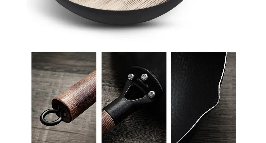 32cm Carbon Steel Wok Pan – Non-Stick Flat Bottom Stir Fry Wok with Wooden Lid for Electric Induction and Gas Stove - Rehmiar