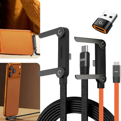 2-in-1 240W Fast Charging Foldable Bracket Cable – Type-C to Type-C & USB to Type-C with OTG Phone Stand - Rehmiar
