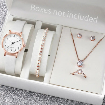 5–6PCS Women’s Fashion Quartz Watch Set – Leather Band Analog Watches with Diamond-Style Accents (No Box)