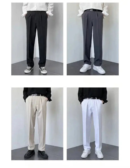 Men's Straight Pants – Korean Loose Fit Casual Draped Baggy Wide Leg Trousers, White Streetwear