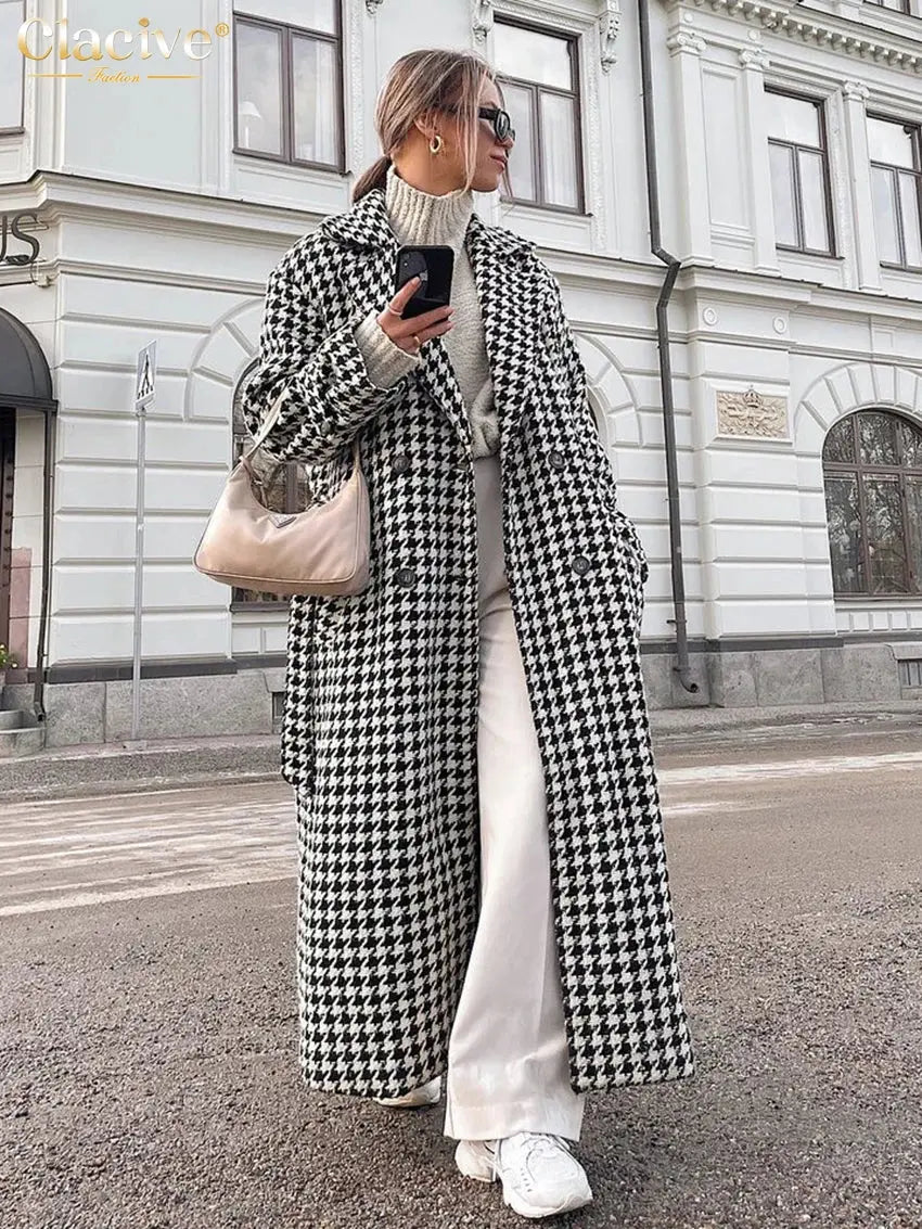 Women’s Winter Houndstooth Coat – Elegant Lapel Long Sleeve Office Overcoat - Rehmiar