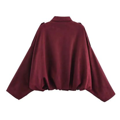 Women's Suede Bomber Jacket – Long Sleeve Zipper Oversize Solid Coat, Chic Streetwear - Rehmiar