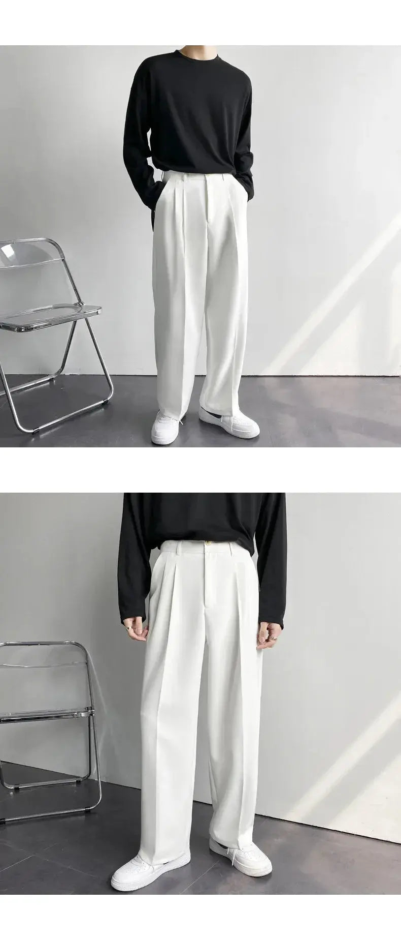 Men's Straight Pants – Korean Loose Fit Casual Draped Baggy Wide Leg Trousers, White Streetwear