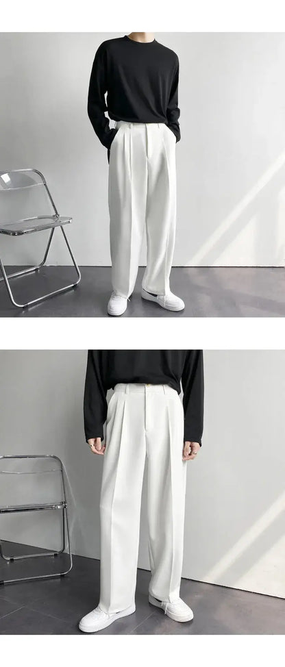 Men's Straight Pants – Korean Loose Fit Casual Draped Baggy Wide Leg Trousers, White Streetwear