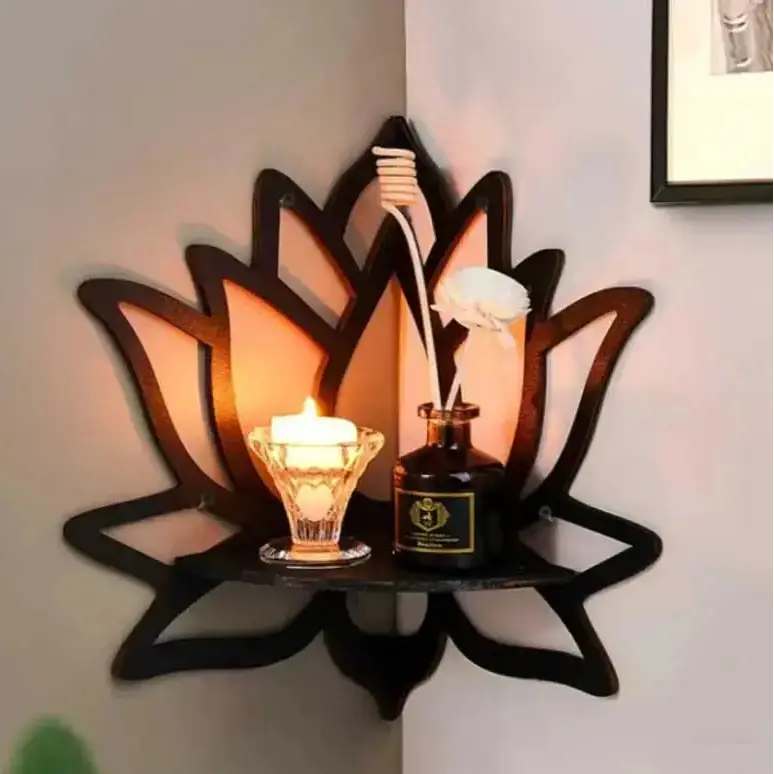 Wooden Lotus Wall Shelf – Hollow Decorative Rack for Candles & Essential Oils - Rehmiar