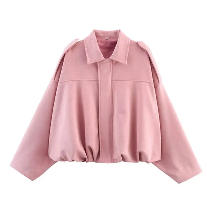 Women's Suede Bomber Jacket – Long Sleeve Zipper Oversize Solid Coat, Chic Streetwear - Rehmiar