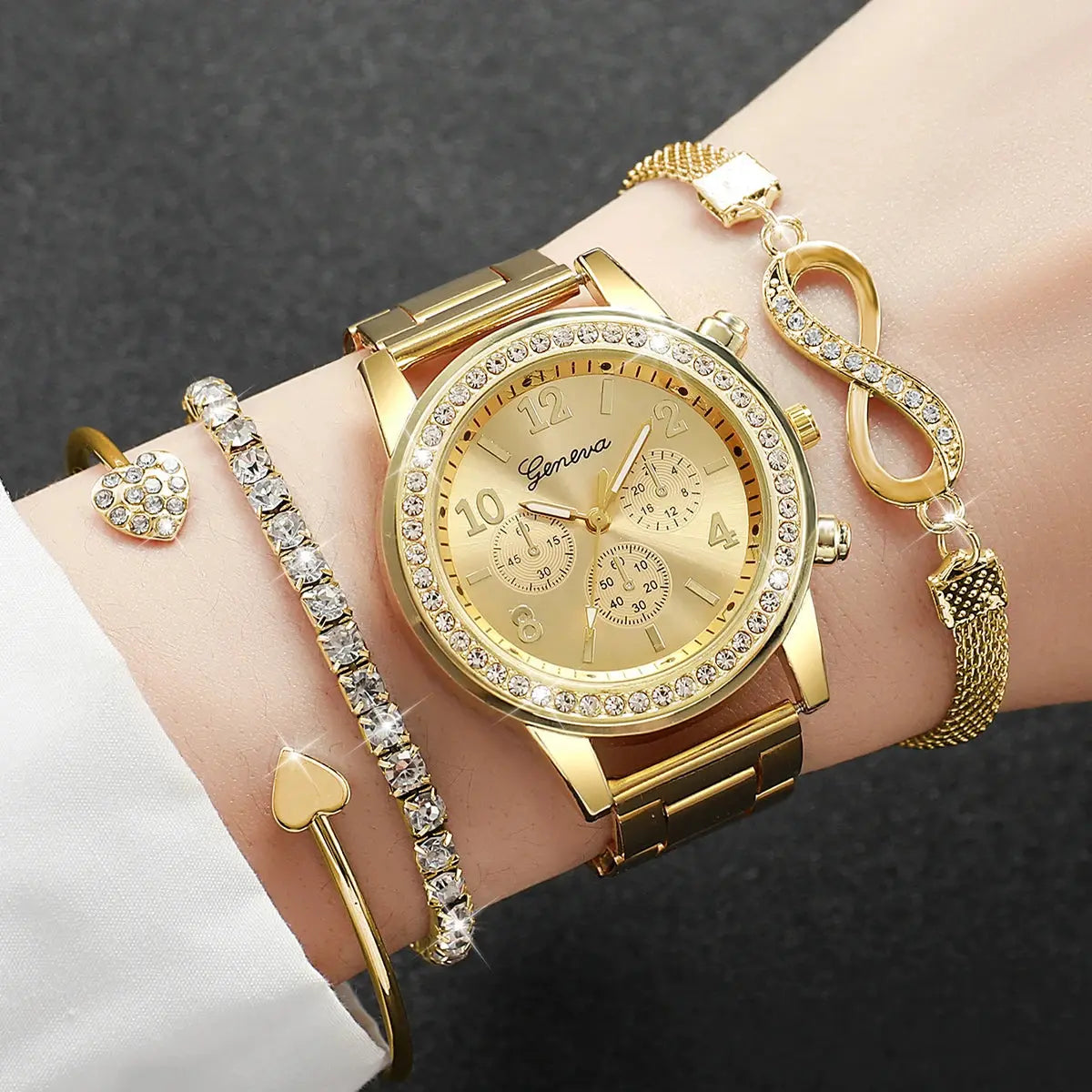 4PCS Set Rhinestone Luxury Steel Band Ladies Quartz Women Watches with Bracelets Set - Rehmiar