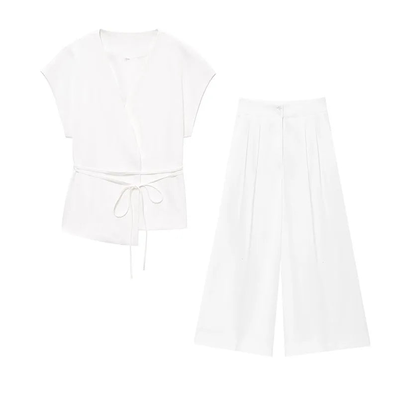 Women's Trouser Suits Sleeveless V-Neck Top with Belt Straight Pants Sets - Rehmiar