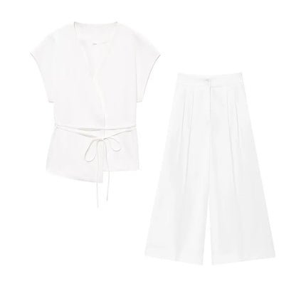 Women's Trouser Suits Sleeveless V-Neck Top with Belt Straight Pants Sets - Rehmiar