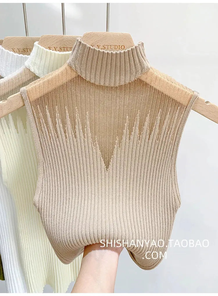 Mesh Knitted Tank Top Women – Y2K Half Neck Sleeveless Vest, Cut Out Streetwear, Solid Skinny Tube Top