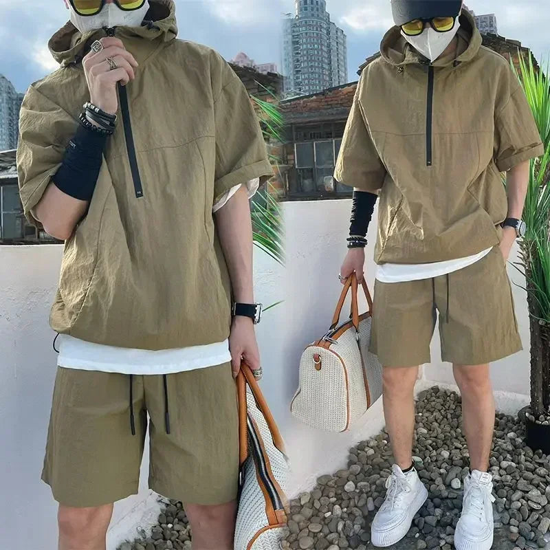 Summer Cargo Style Set Men's Casual Hooded Solid Short Sleeve - Rehmiar