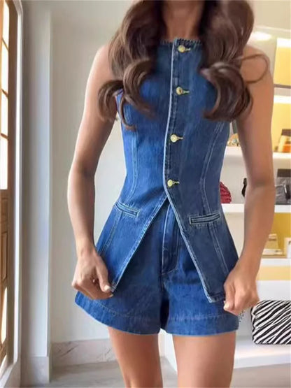 Summer Women's Denim Shorts Suit Sleeveless O-neck Modern Fit Vest High Waist Wide Leg Shorts