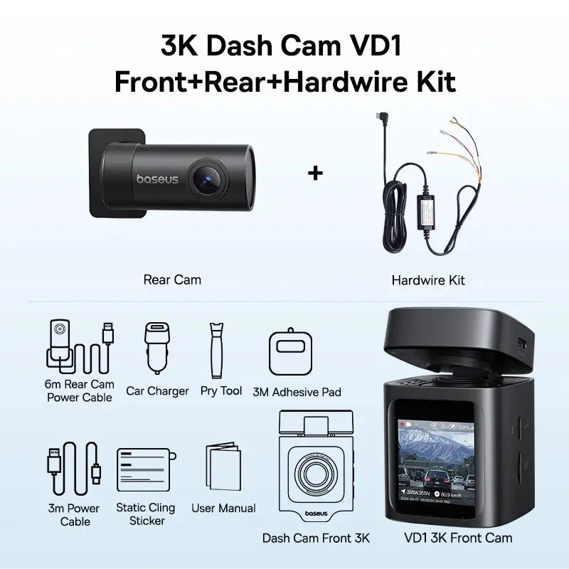 Baseus VD1 3K Dash Cam Front and Rear GPS Supercapacitor Car DVR Camera Support 24H Parking - Rehmiar