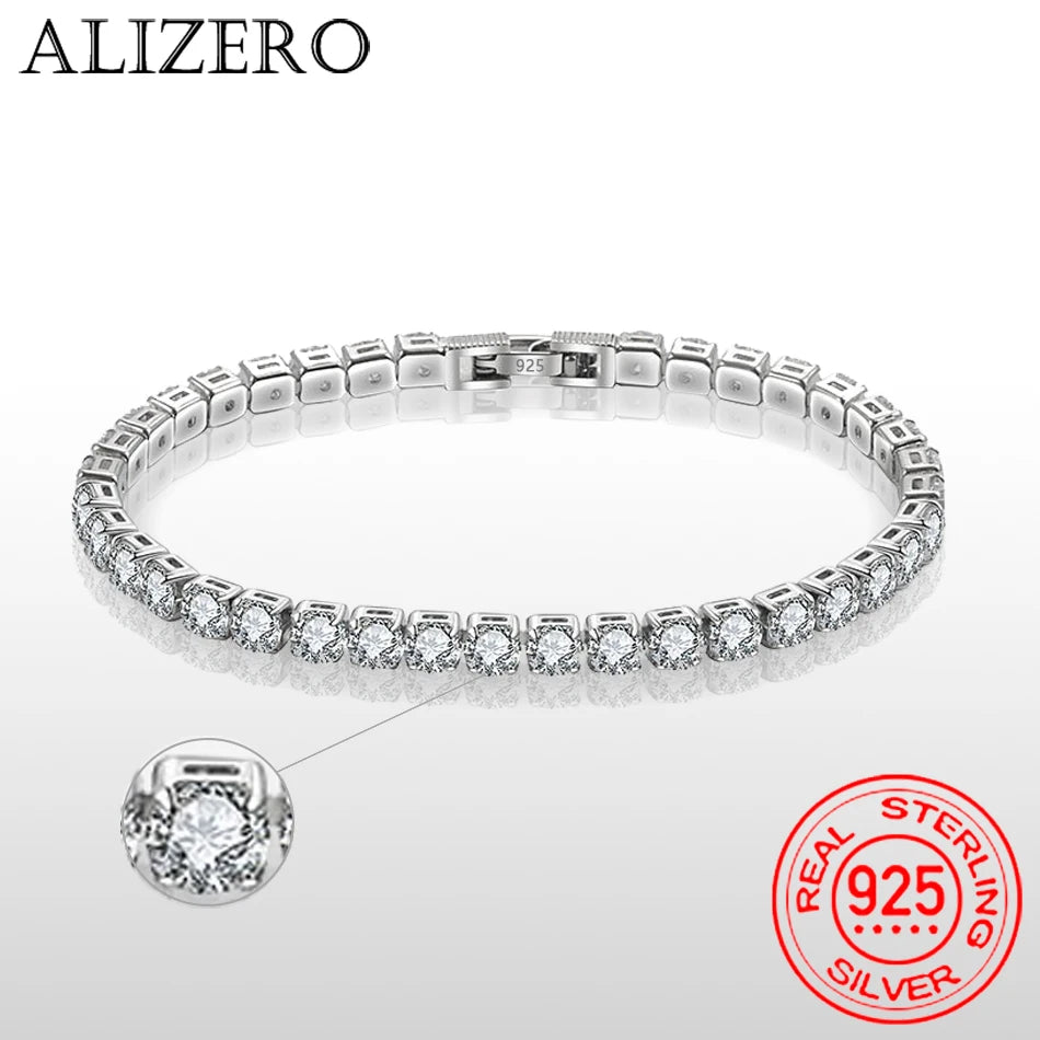 ALIZERO S925 Sterling Silver Bracelet – Zirconia Tennis Ball Charm, Simple Wedding Engagement Jewellery for Women, 4mm 16-23cm