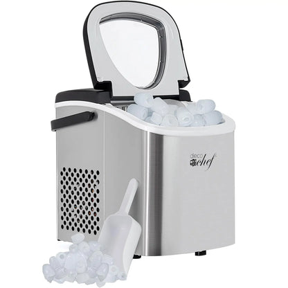 Compact Countertop Ice Maker – 26Lbs/24Hrs, 9 Bullet Ice Cubes in 6 Mins, Portable with Handle & Scoop, Stainless Steel
