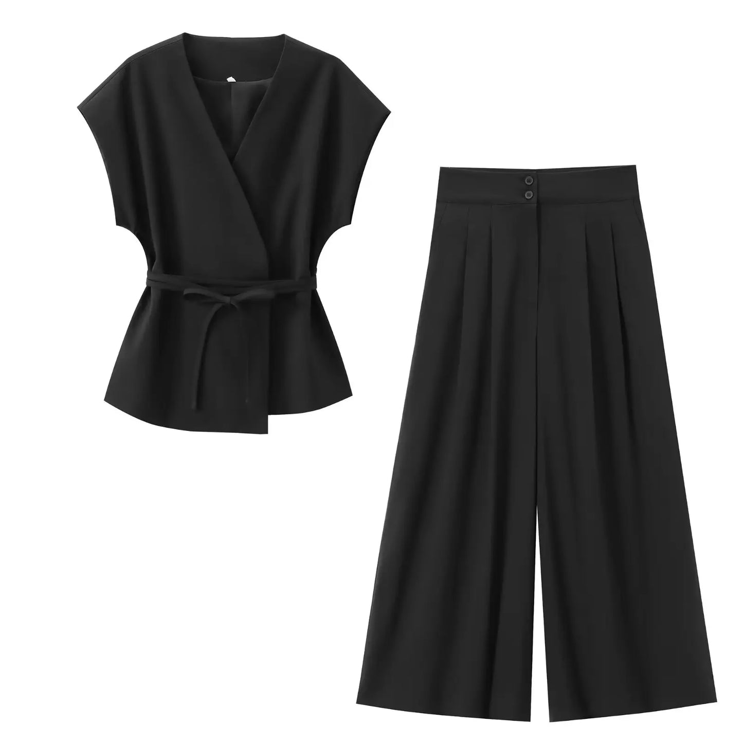 Women's Trouser Suits Sleeveless V-Neck Top with Belt Straight Pants Sets - Rehmiar