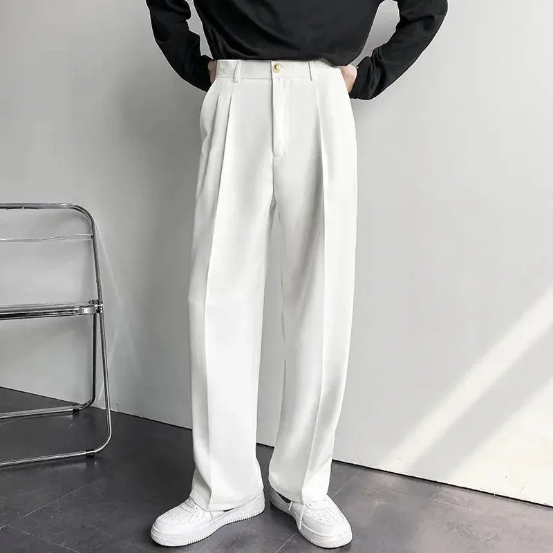 Men's Straight Pants – Korean Loose Fit Casual Draped Baggy Wide Leg Trousers, White Streetwear