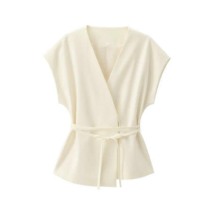 Women's Trouser Suits Sleeveless V-Neck Top with Belt Straight Pants Sets - Rehmiar