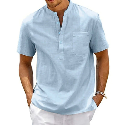 Cotton Linen Henley Neck Casual Shirt - Rehmiar