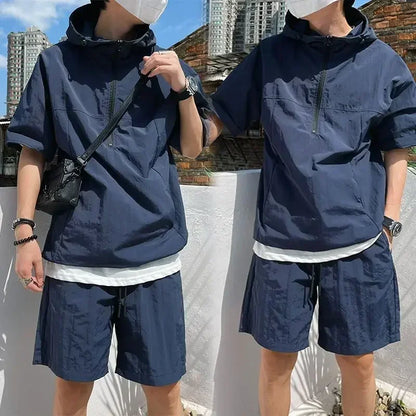 Summer Cargo Style Set Men's Casual Hooded Solid Short Sleeve - Rehmiar