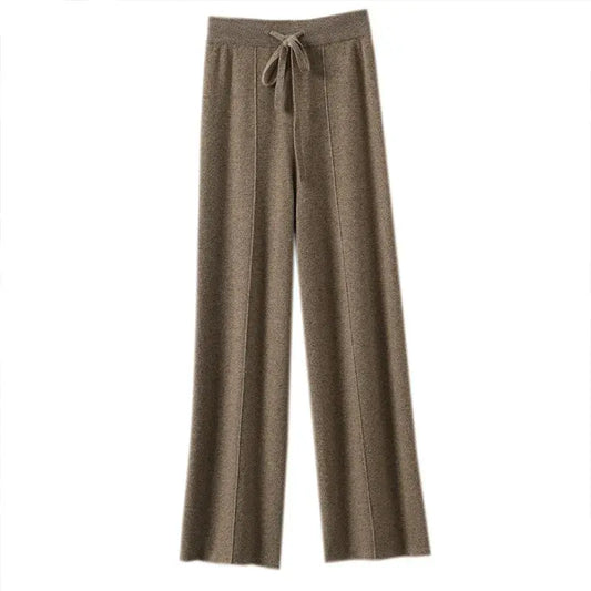 Women's High Waisted Knit Pants – Warm Wide Leg Straight Pants, Solid Colour Loose Fit