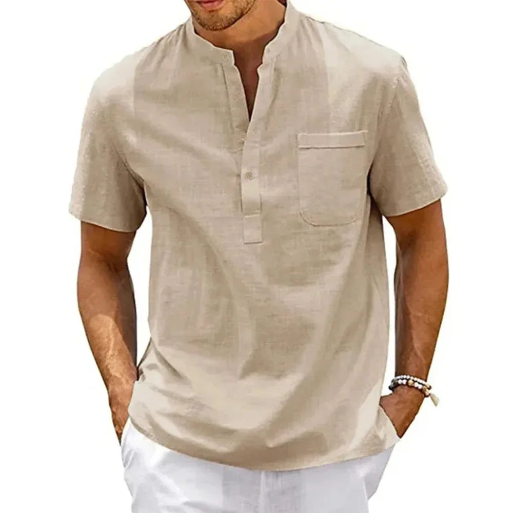 Cotton Linen Henley Neck Casual Shirt - Rehmiar