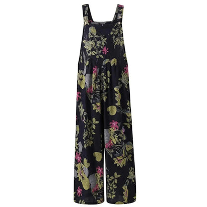 Combhasaki Women’s Cotton Linen Floral Jumpsuit – Square Neck Sleeveless Loose Fit Overalls with Pockets (S–3XL) - Rehmiar