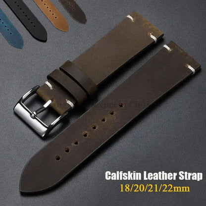 Cowhide Strap for Seiko, Omega 18mm 20mm 21mm 22mm Vintage Oil Wax Leather Handmade Stitching Wristbands - Rehmiar