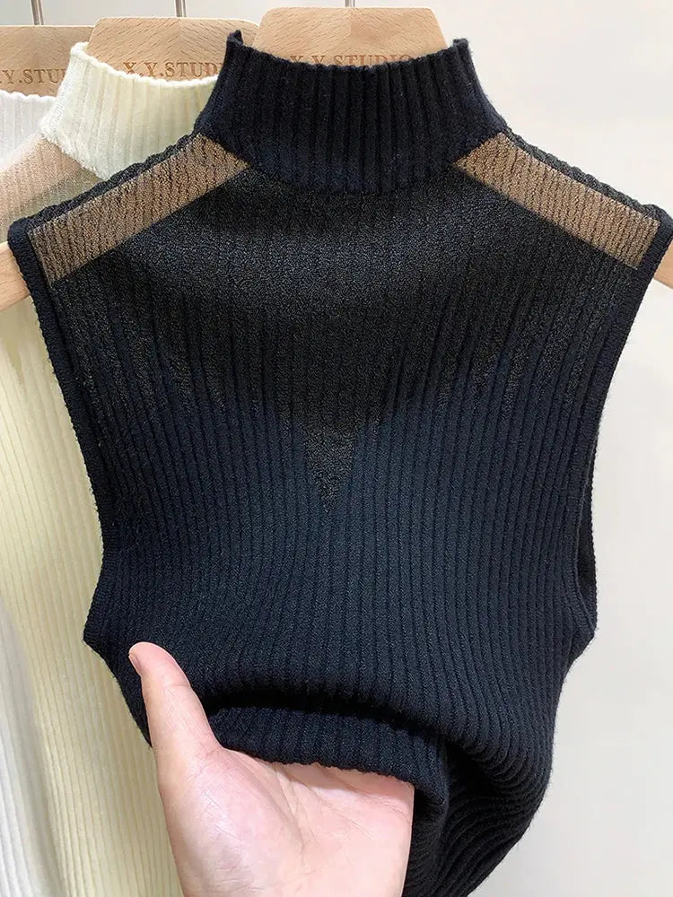 Mesh Knitted Tank Top Women – Y2K Half Neck Sleeveless Vest, Cut Out Streetwear, Solid Skinny Tube Top