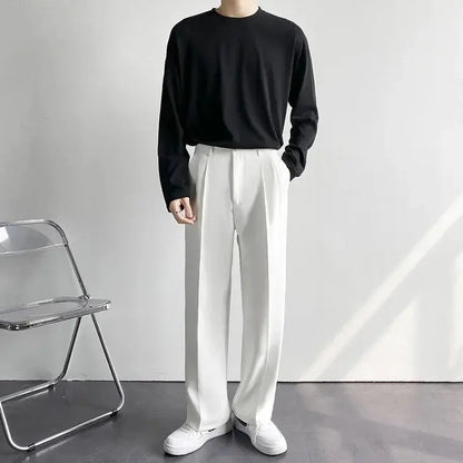 Men's Straight Pants – Korean Loose Fit Casual Draped Baggy Wide Leg Trousers, White Streetwear