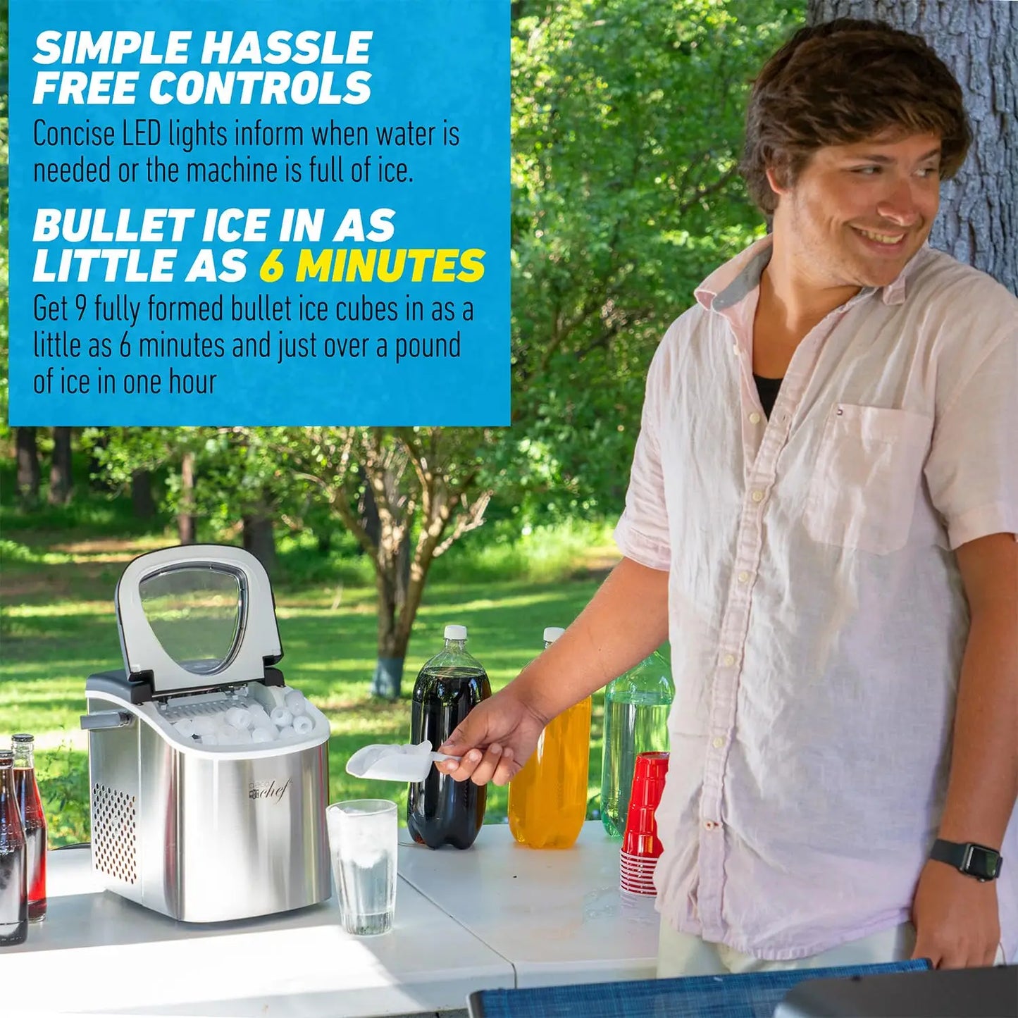 Compact Countertop Ice Maker – 26Lbs/24Hrs, 9 Bullet Ice Cubes in 6 Mins, Portable with Handle & Scoop, Stainless Steel