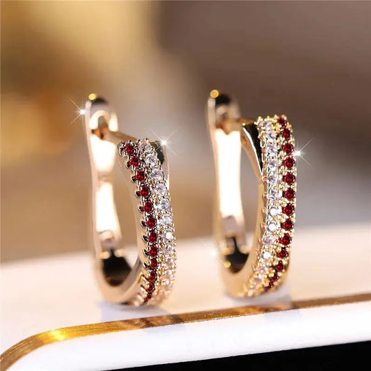 Red Zircon Clip On Earrings Gold Tone Wedding Party Jewellery for Women - Rehmiar