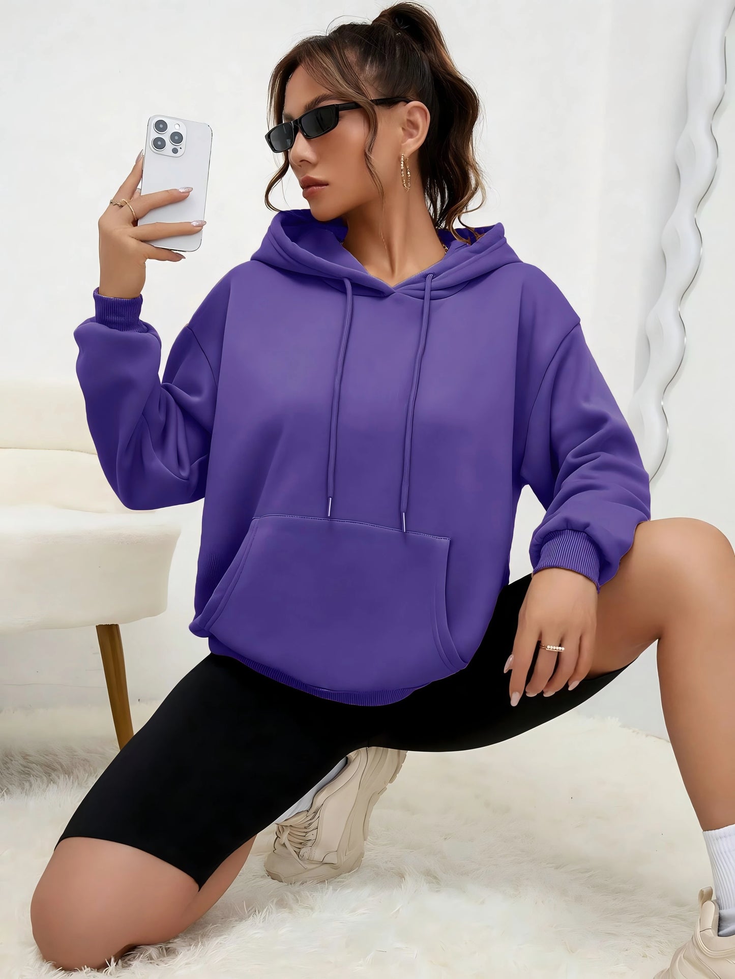 Solid Colour Hoodie for Female Casual Fleece Pocket Hoodies Multicolour Unisex Women Streetwear Autumn Clothing
