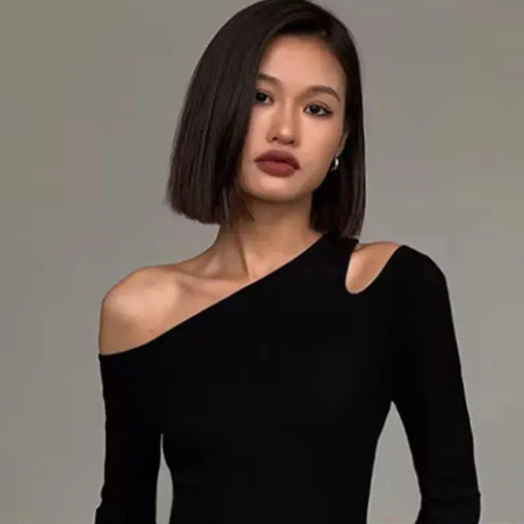 Fashion Skew Collar Off-shoulder Long-sleeved T-shirt - Rehmiar