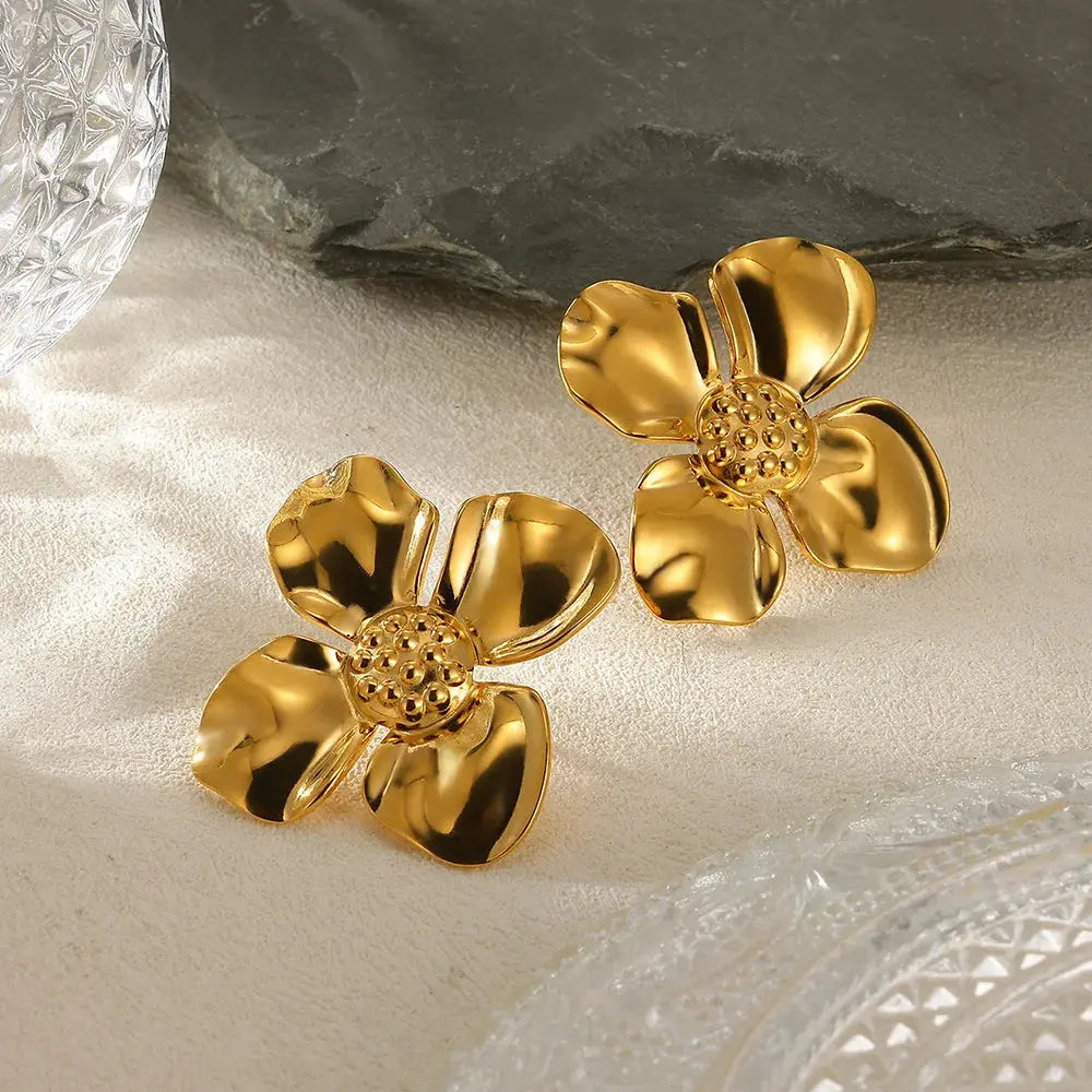 Geometric Flower Stainless Steel Earrings Women Sweet Sunflower Star Gold Colour Ear Jewellery