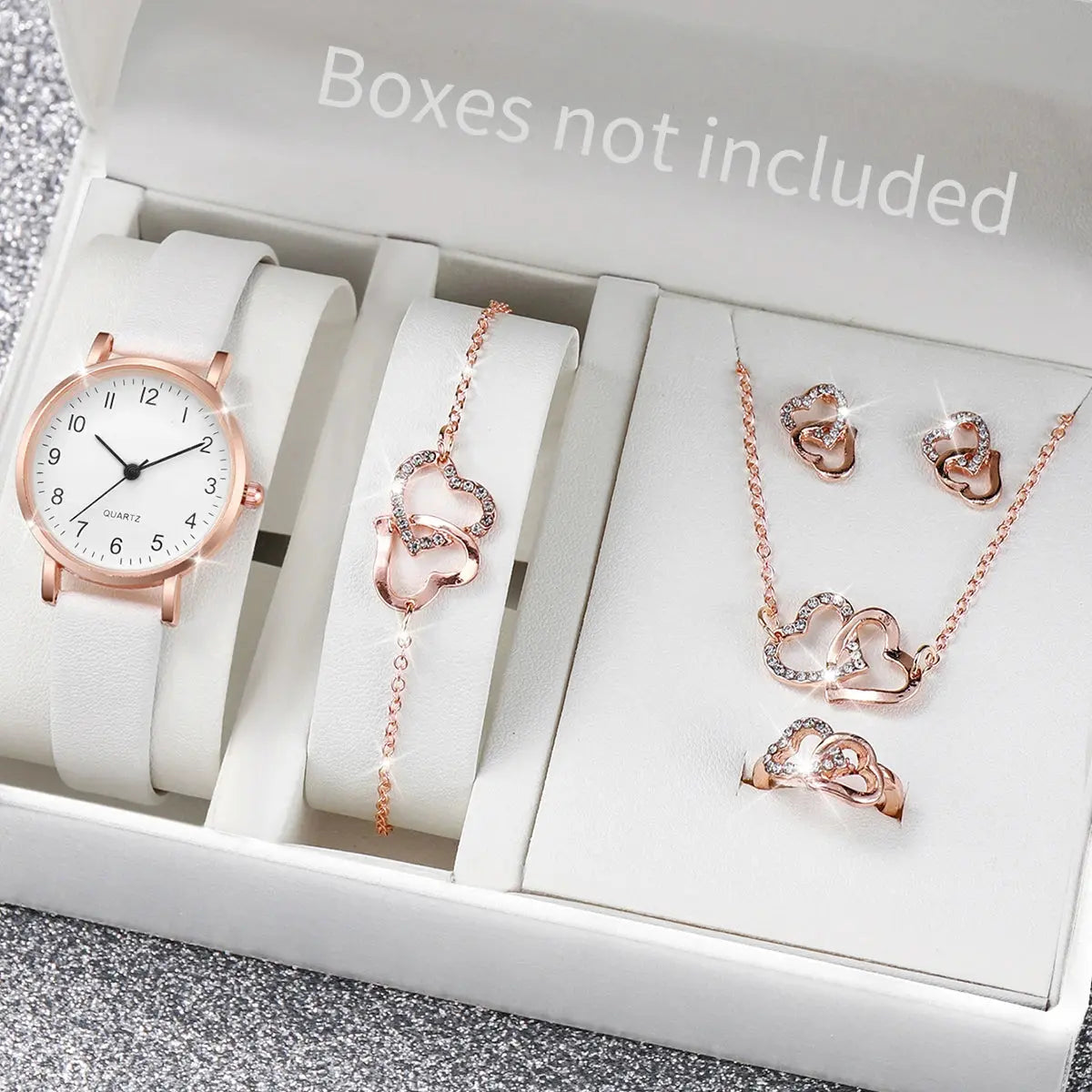 5–6PCS Women’s Fashion Quartz Watch Set – Leather Band Analog Watches with Diamond-Style Accents (No Box)
