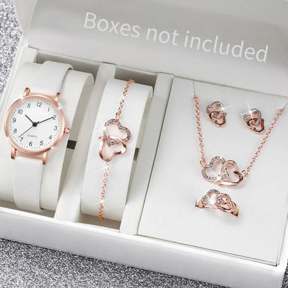 5–6PCS Women’s Fashion Quartz Watch Set – Leather Band Analog Watches with Diamond-Style Accents (No Box)