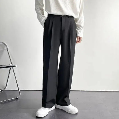 Men's Straight Pants – Korean Loose Fit Casual Draped Baggy Wide Leg Trousers, White Streetwear