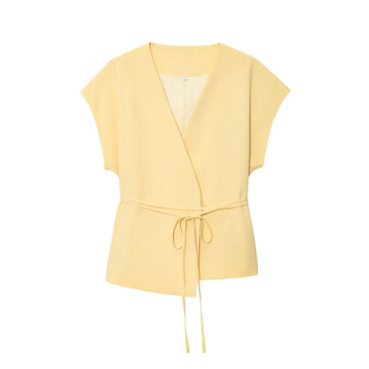 Women's Trouser Suits Sleeveless V-Neck Top with Belt Straight Pants Sets - Rehmiar