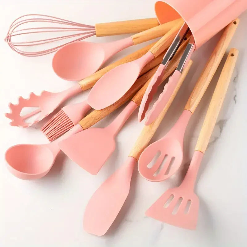 12pcs Set of Multi-color Silicone Wooden Handle Kitchenware Set Non Stick Pot Spatula and Spoon Cooking Utensils, Heat-resistant Rehmiar