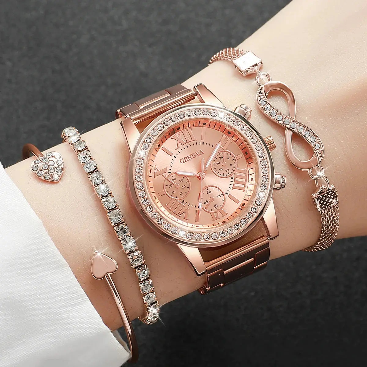 4PCS Set Rhinestone Luxury Steel Band Ladies Quartz Women Watches with Bracelets Set - Rehmiar