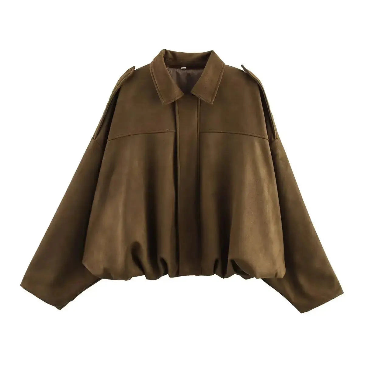 Women's Suede Bomber Jacket – Long Sleeve Zipper Oversize Solid Coat, Chic Streetwear - Rehmiar