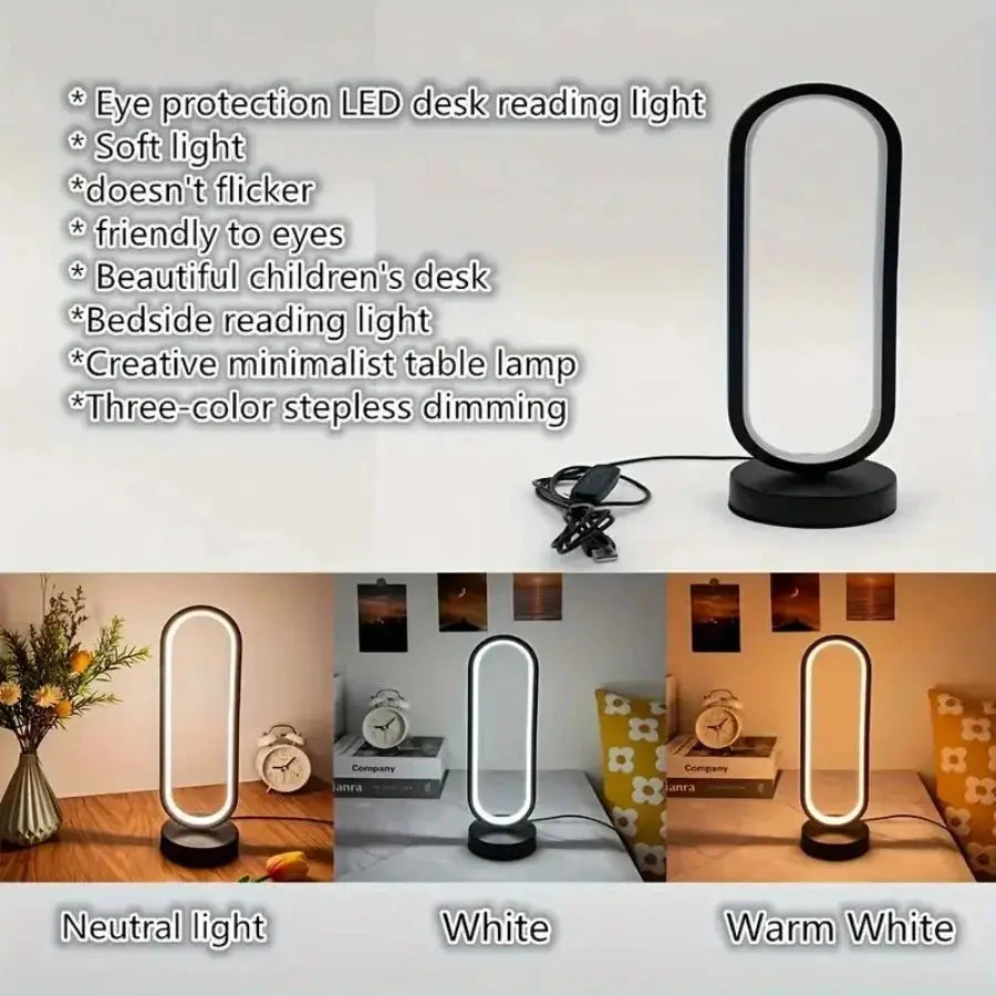 USB Dimming LED Table Lamp – Small Ring Night Light for Bedroom, Living Room & Bedside, Black and White - Rehmiar