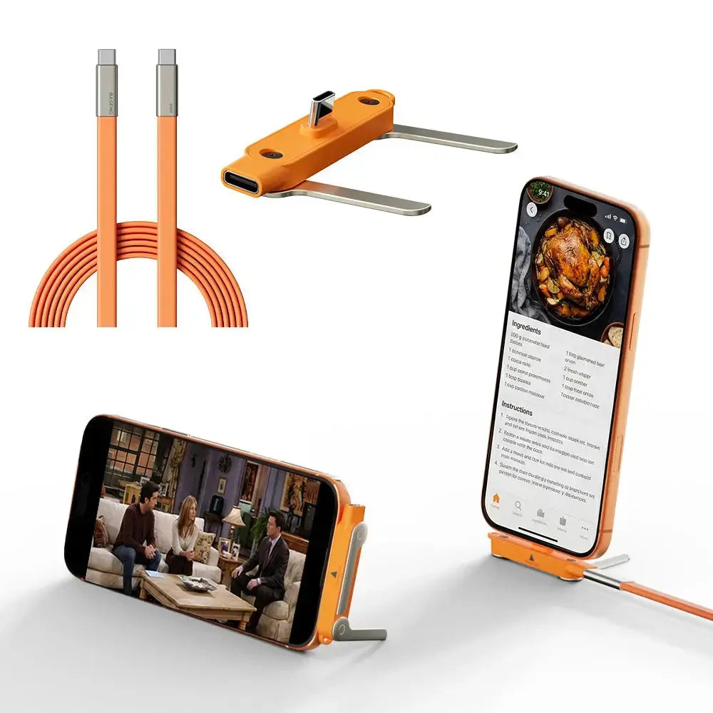 240W 2-in-1 Fast Charging Cable with Foldable Bracket – Type-C to Type-C Data Wire & Phone/Tablet Stand (Black/Orange) Rehmiar