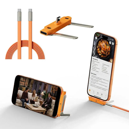 240W 2-in-1 Fast Charging Cable with Foldable Bracket – Type-C to Type-C Data Wire & Phone/Tablet Stand (Black/Orange) Rehmiar
