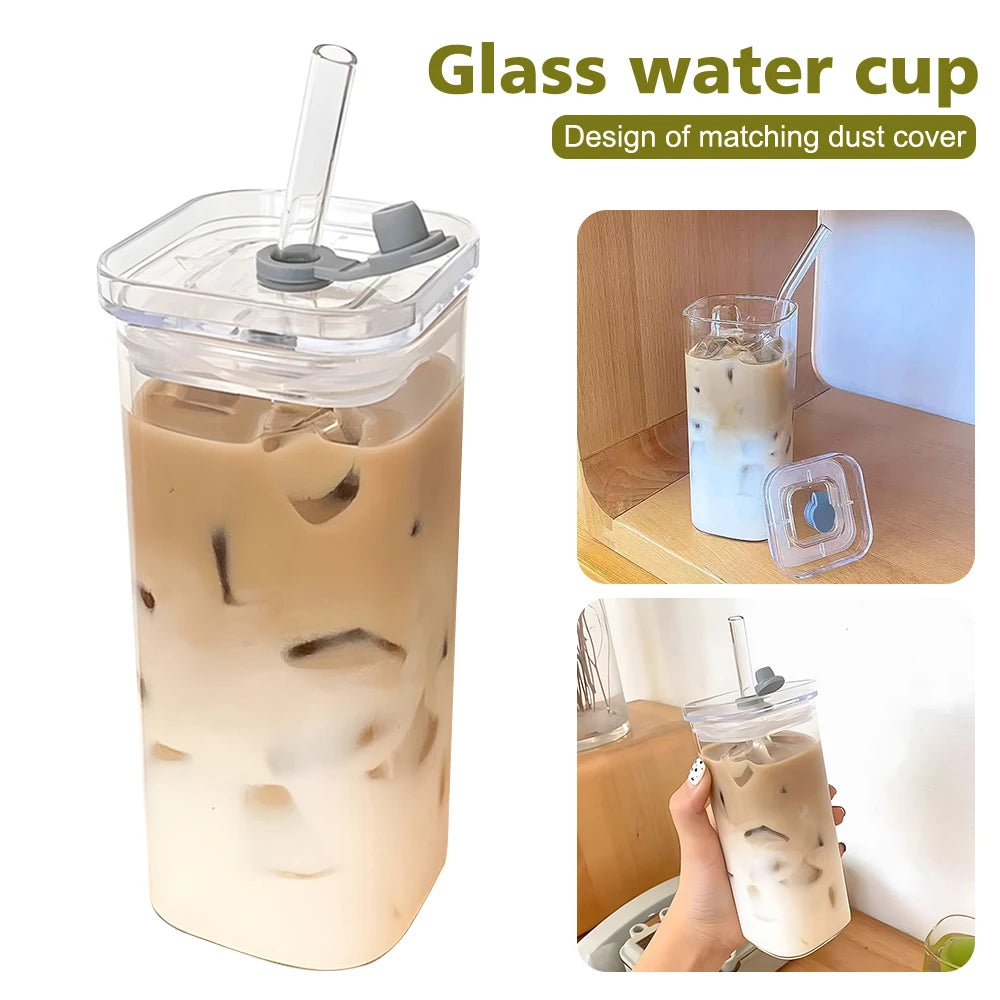 2Pcs Transparent Square Glass Cup with Lid and Straw Creative Hot and Cold Drink Glass Cup